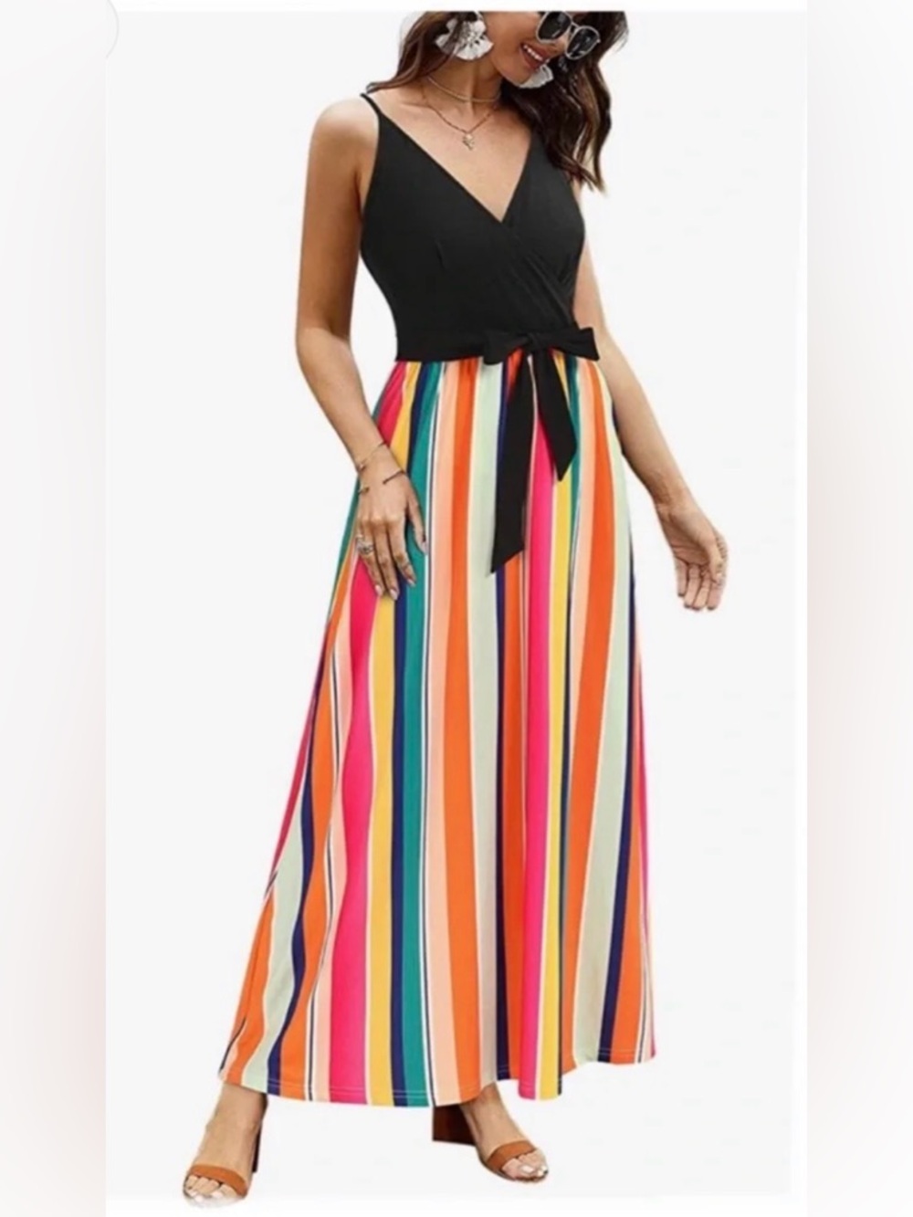 Sleeveless Black Top Maxi Skirt with Multicolor Vertical Stripes